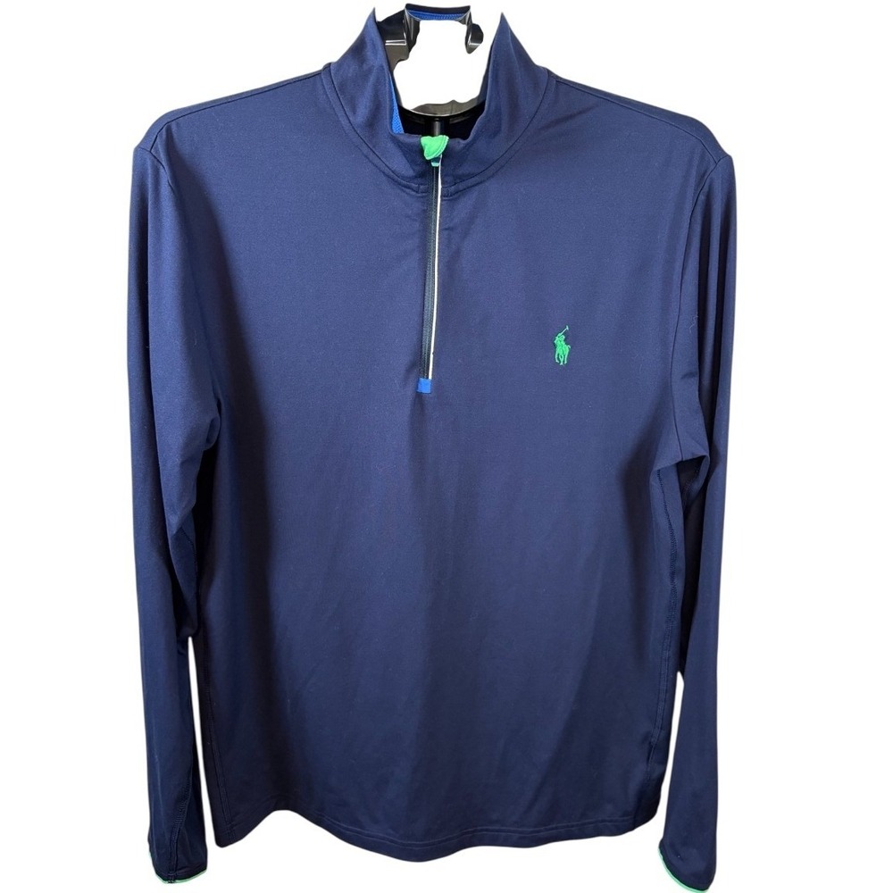 Polo Golf Ralph Lauren Mens Navy Blue Lime Green 1/4 Zip Wicking Pullover Medium